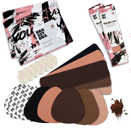 brassybra Strapless Boob Tape for A-G Cups, Strong Breast Lift Tape & Adhesive Bras, Breathable, Sweat-Proof & Waterproof with 3 Pairs Nipple Covers, Bra Tape for All Day Wear Chocolate2