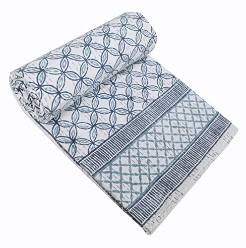 YUVANCRAFTS Indian Handmade Cotton Kantha Quilt Traditional Indigo Print Twin Quilt Blanket Bedspreads Throw (Blue)