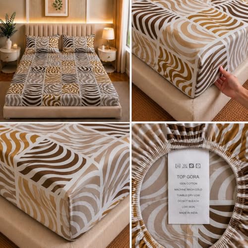 Image of Castiqa Elastic Fitted Supersoft Premium Polycotton 200TC Double Bedsheets King Size 78x72 Inch with 2 Pillow Covers (Fits Upto Mattress of 8Inches) (Multicolor III)