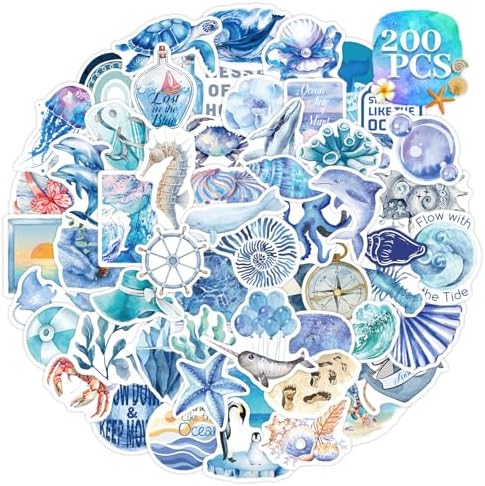 200PCS Ocean Aesthetic Stickers, Waterproof Blue Beach Stickers for Water Bottle Laptop Scrapbook, Coastal Vinyl Decals for Girl Teen Adult, Cute Beach-Themed Gift