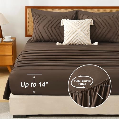 Image of Litanika Full Size Comforter Set with Sheets Brown - 7 Pieces Bed in a Bag Full Chevron Tufted Complete Bedding Sets with Comforter, Sheets, Pillowcases & Shams