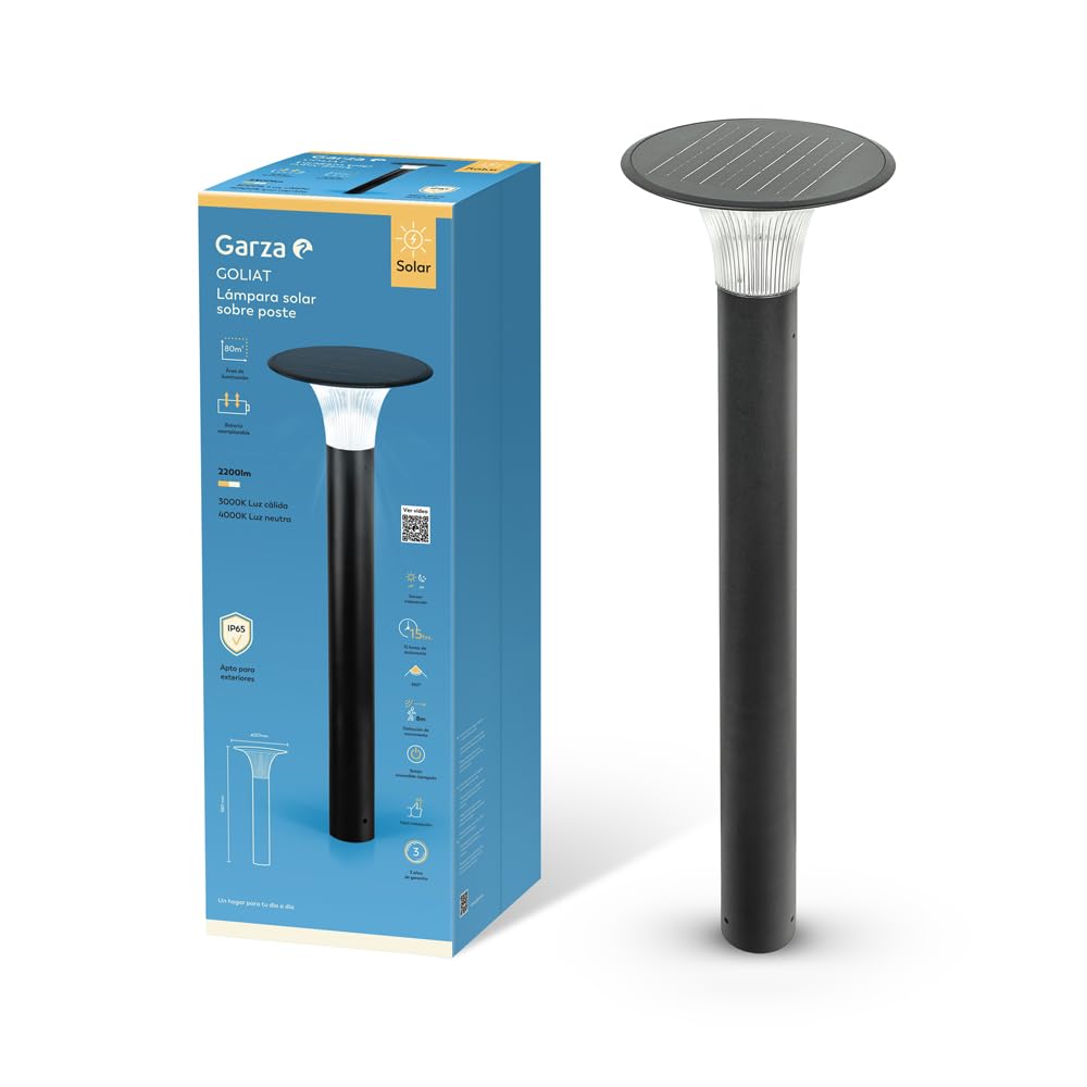 Garza Lampione stradale solare da esterno 360º con sensore di movimento, 2 modalità, dimmerabile, impermeabile IP65 per giardino, patio, garage