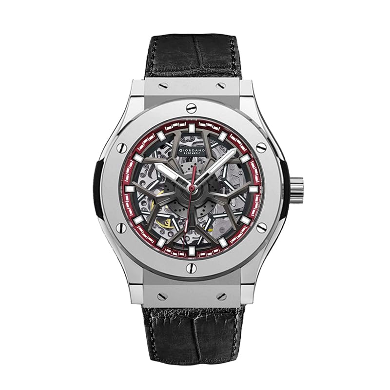 Image of Giordano Automatic Watch for Men - Round Dial, Stainless Steel Case, Transparent Mechanical Movement, Luminous Hands, Black Leather Strap