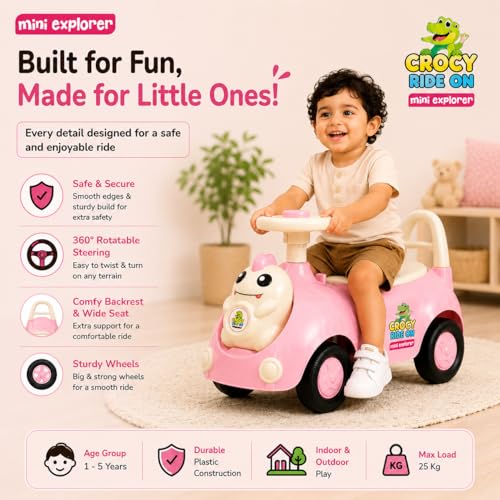 Image of MiniExplorer Crocsy Wiggle Car for Kids Age 1-5 Years, Twisting Swing Magic Car with Silent Wheels, Anti-Rollover Ride On Toy for Boys & Girls, Shockproof Yoyo Car - Pink