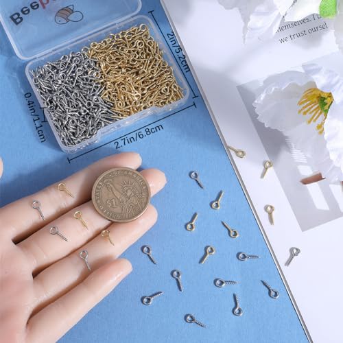 Beebeecraft 1 Box 400Pcs Small Screw Eye Pins 304 Stainless Steel 10mm Eyelets Threaded Clasps Hooks for Half Drilled Beads Jewelry Making DIY (Gold - Image 3