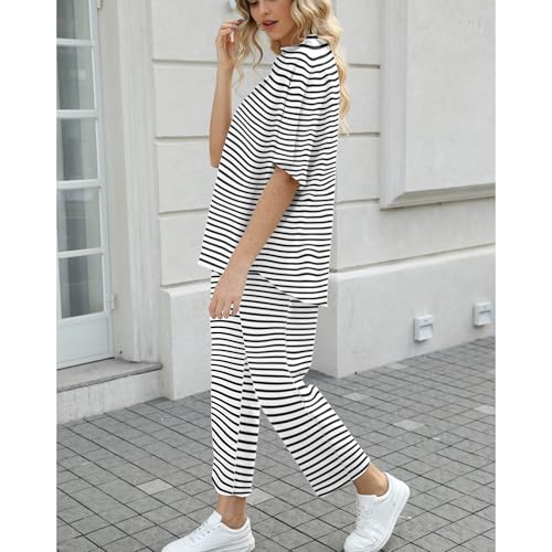 Image of SeeLuNa Women's Two Piece Outfits 3 /4 Batwing Sleeve Capelet Crew Neck Pullover Top Wide Leg Pants Lounge Set(White-Black,M)