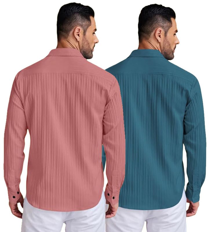 Image of DEELMO Combo of Men's Casual Button Down Shirts Long Sleeve Linen Shirt Fashion Textured Summer Shirts Pack of 2