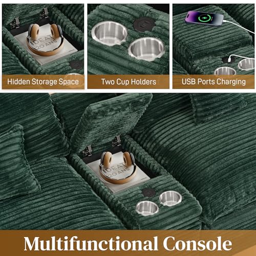 Image of 145 inch Oversized U Shaped Modular Sectional Sofa with Ottoman, Comfy Fluffy Soft Corduroy, Large Cloud Couch with USB Port, Cup Holder and Storage Central Console for Living Room, Green