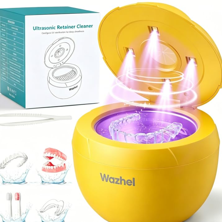 Ultrasonic Retainer Cleaner Machine with Digital Timer & 4 Modes, 45kHz Dental Cleaning Pod for Denture, Mouth Guard, Night Guard, Aligner, Toothbrush, 200ML Denture Cleaner (yellow)