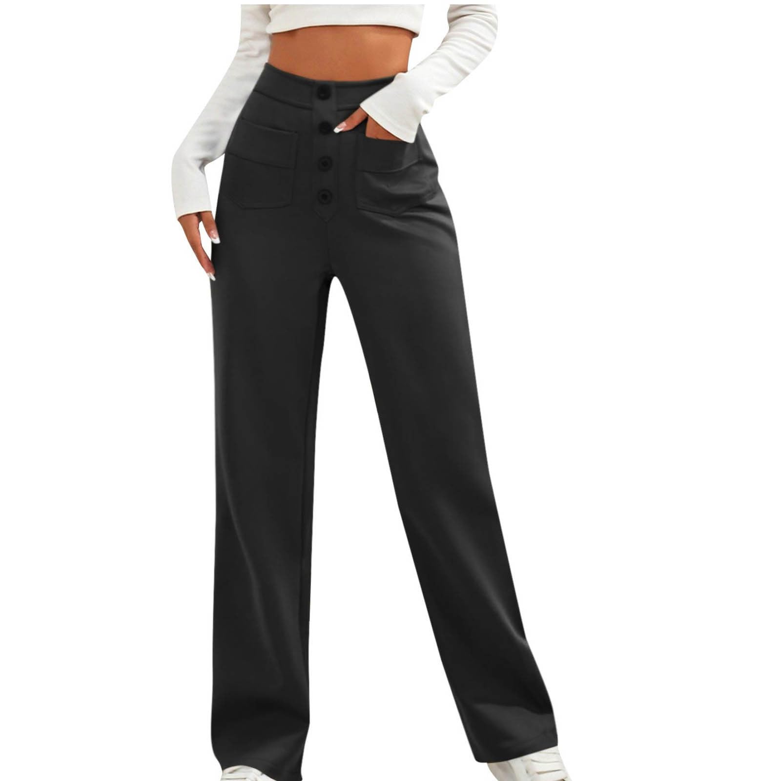 Lastesso Work Pants for Women Soft Long Straight Trousers Casual Wid Leg Pants High Waist Button Up Baggy