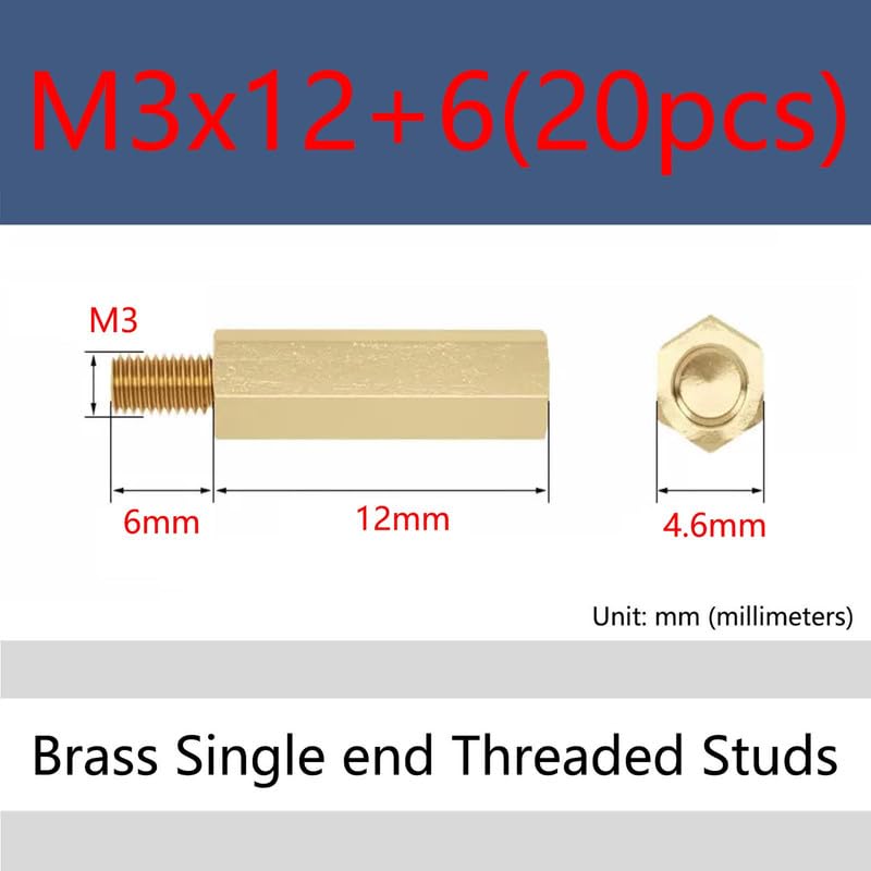 MOOPW Brass Standoff Screws Single end Female Threaded Studs Hex Spacer Standoffs PCB Motherboard Hexagonal Pillar M3 x 12 +6mm 20 pcs