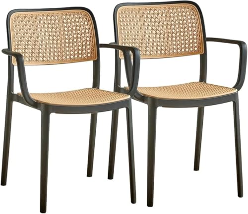 Image of NARSA Modern Rattan Style Dining Chair for Home & Cafe | Cane Pattern Plastic Chair with Ergonomic Backrest | Lightweight & Durable Indoor Outdoor Seating Chair (Black, Armless, Set of 2)