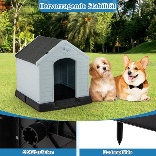 GYMAX Outdoor Hundehütte mit Schrägdach & erhöhtem Boden, Hundehaus aus Kunststoff, Wetterfeste Hundehöhle im Landhausstil (Grau + Schwarz, 72,5 x 66 x 70,5 cm)