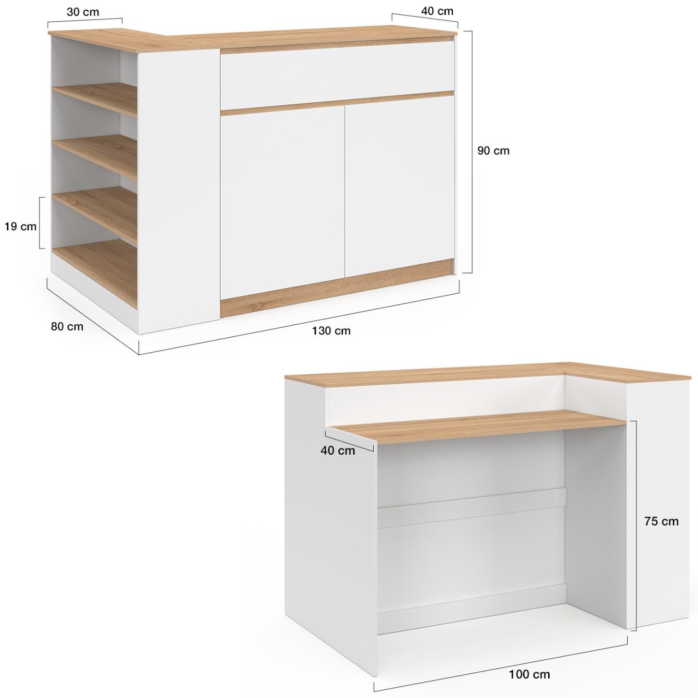 IDMarket - Ilot Central TOMI 130 cm 2 Personnes Double Plateau Bois Blanc avec Plan de Travail façon hêtre