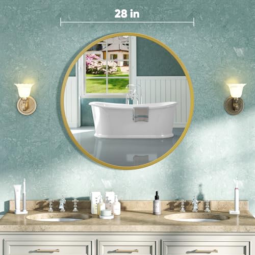 Image of NEWBULIG Gold Round Wall Mirror 28 Inch, Bathroom Mirrors for Over Sink, Wall Decor for Bathroom, Entryway, Bedroom, Vanity