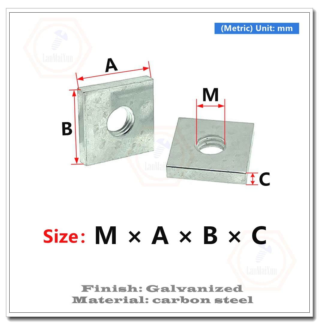 Lot de 25 écrous carrés M6 × 20 × 20 × 4 mm Écrous carrés en acier au carbone galvanisé