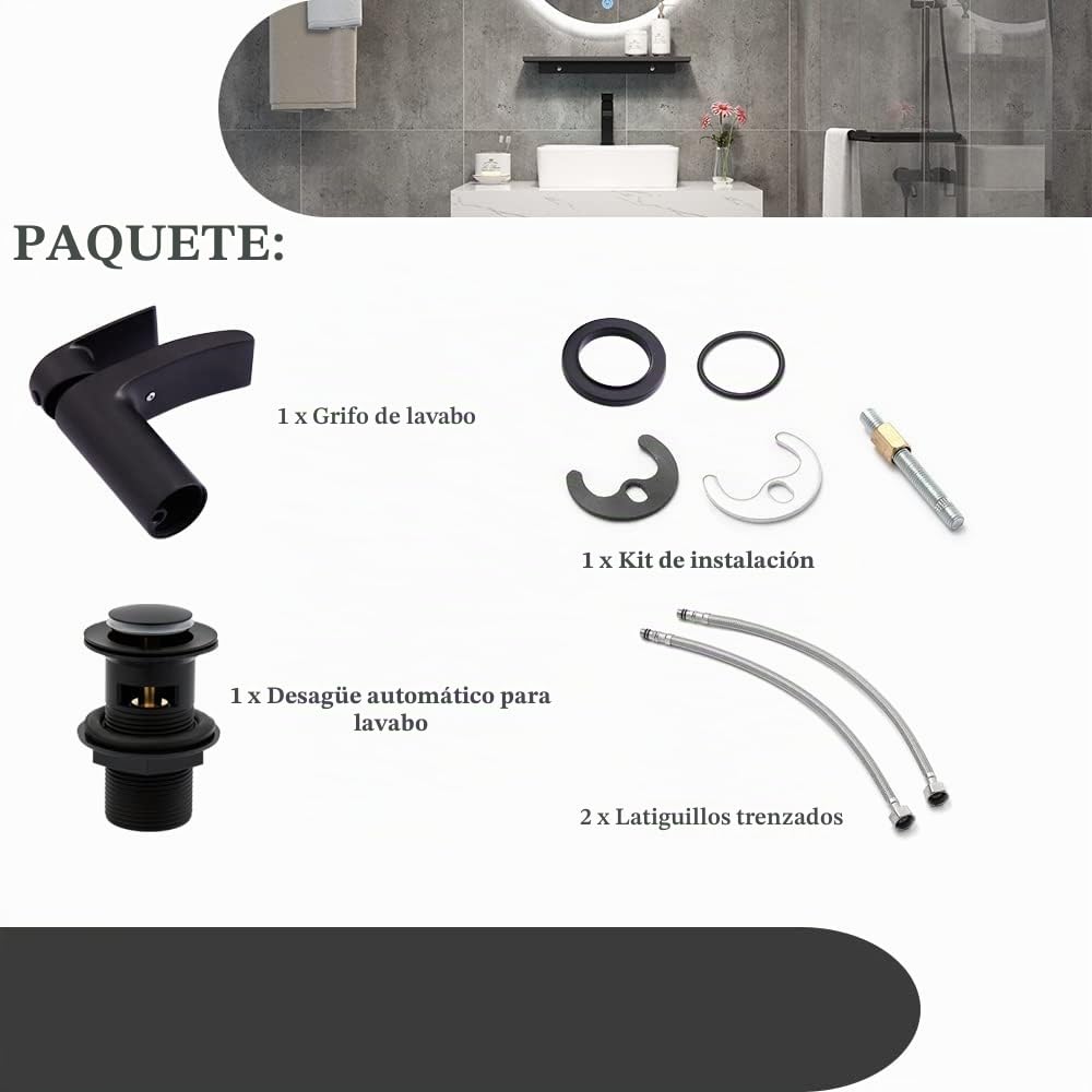 Grifo de lavabo negro mate con desagüe, grifo de lavabo de cascada con desagüe, grifo monobloque de latón negro con tapón de fregadero 112NBK