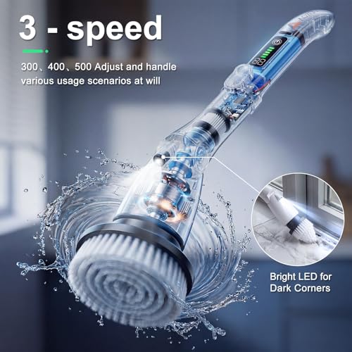 AOZUO Electric Spin Scrubber, Power Cleaning Brush with 3 Speed Modes LED Light, 7 Replaceable Heads Cordless Shower Scrubber, Long Handle Extendable Scrubber for Bathroom, Floor, Tub, Tile, Grout by AOZUO - Image 2