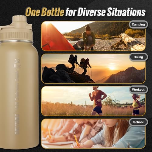 OneTigris Edelstahl Trinkflasche, Wasserflasche 0,9L Hohe Kapazität, Sportflasche mit gute Isolationswirkung für Fahrrad, Camping, Yoga, Gym, Softair, Coyote Braun, 32OZ