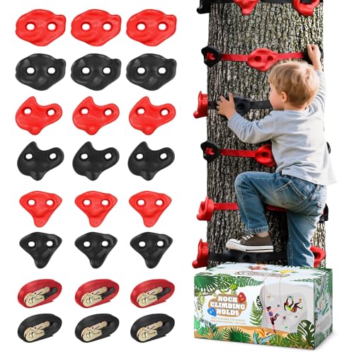 TOPNEW 18 Ninja Tree Climbing Holds for Kids Climber, Red & Black Tree Climbing Kit with 6 Ratchet Straps for Outdoor Ninja Warrior Obstacle Course Training