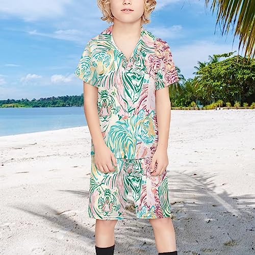 OLGCZM Animal Tiger Art Boys Hawaiian Shirt Sets Kids Casual Button Down Short Sleeve Shirt 5-6T4