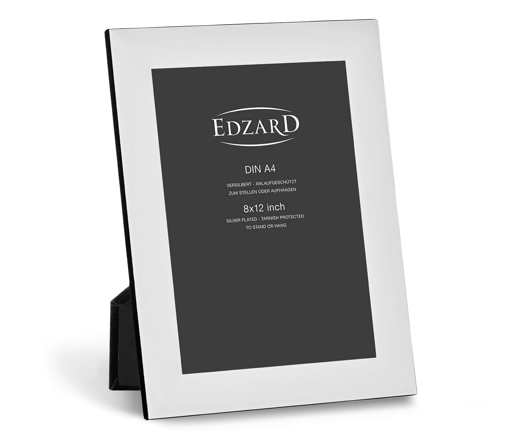 EDZARD Bilderrahmen Gela (DIN A4 21x29,7 cm) versilbert anlaufgeschützt | Silberrahmen für Fotos DIN A4 21x29,7 cm, Samtrücken, 2 Aufhänger, zum Stellen und Hängen, Fotorahmen, Geschenk Hochzeit