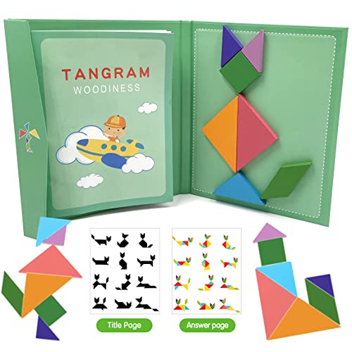 Wooden Puzzle Tangram Book, Travel Magnetic Puzzle, Travel Games Montessori Shape Pattern Blocks Jigsaw for Kids Adult Challenge IQ Educational Toy Gift, On The Go Toys for Kids, Boys, Girls
