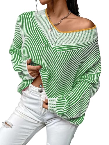 Image of Cakulo Womens Fall 2025 Oversized Striped V Neck Sweaters Long Sleeve Knit Color Block Trendy Pullover Sweater Top