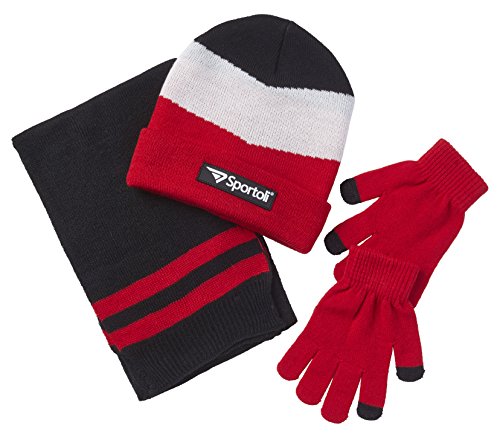 Sportoli Mens Knit Cold Weather Accessory Set Warm Pull On Hat Scarf and Gloves (Red Chevron),Men / One Size