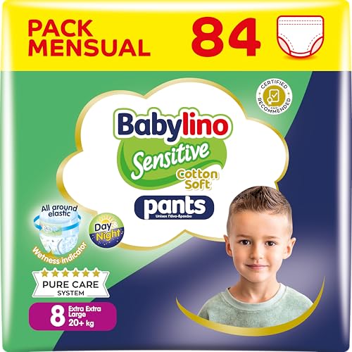 Babylino Sensitive Cotton Soft Pants, Talla 8 (20+ Kg), Pañal Braguita con Ajuste 360° Anti-Fugas, 84 pañales