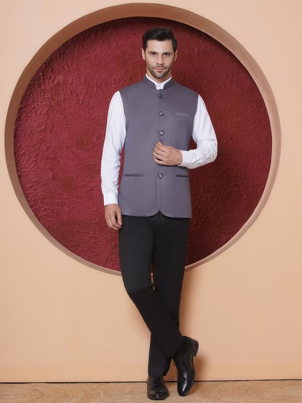 FAVOROSKI Gilet formale etnico da uomo, vestibilità regolare, cappotto formale Nehru con colletto alla coreana, giacca senza maniche con tasche, gilet etnico tradizionale per matrimoni e feste