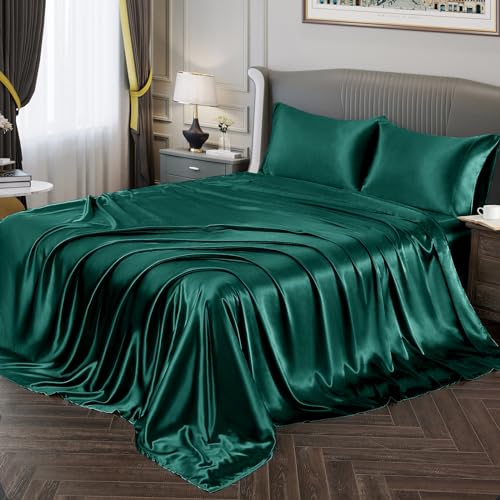 Vonty Satin King Teal Green Sheets, Fitted + Flat + 2 Pillowcases