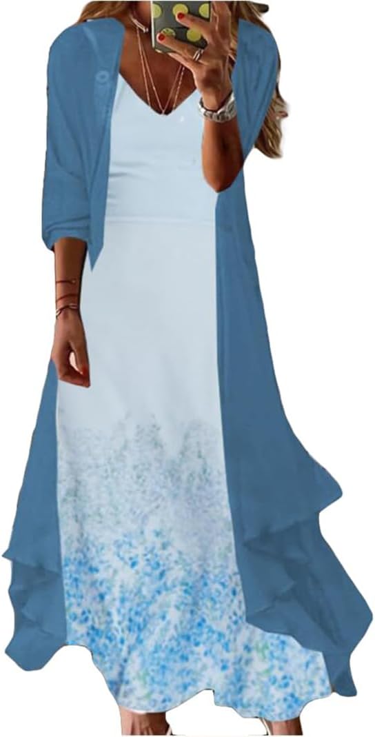 Guteidee Womens Casual Two-Piece Set Floral Print Maxi Dress with - Main Image