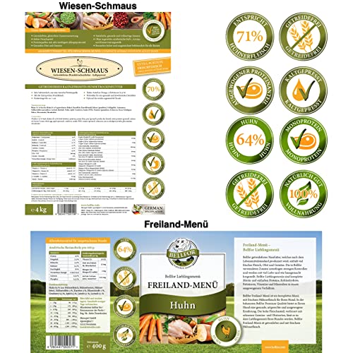 Bellfor Golden Retriever Futter Set Wiesen-Schmaus Trockenfutter 4 kg, Freiland-Menü Nassfutter 400 g & Freiland-Happen 200 g Ohne Getreide & Künstliche Zusätze