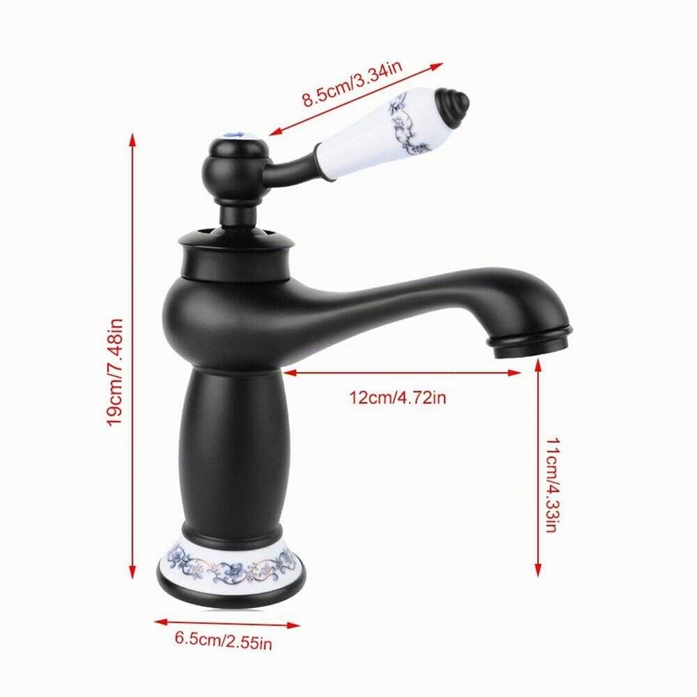 Grifo Lavabo Vintage de Cuenca Individual de Control de de Agua Caliente Fría Rústico Baño Grifo Lavabo Antiguo Cerámica Floral con Mezclador Monomando para Lavabo de Cocina (Negro)
