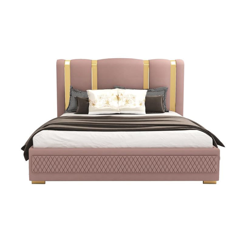 Image of STRATA FURNITURE Solid Wood Queen Size Bed with Box Storage and Upholstered Headboard | Modern Wooden Double Bed Cot Palang Furniture for Bedroom, Hotel, Living Room, and Home (Onion Pink)