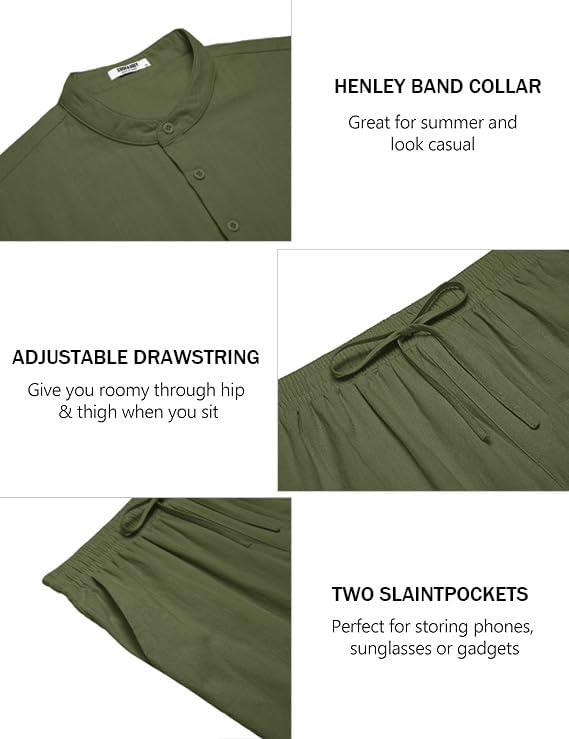 COOFANDY Men's 2 Piece Cotton Sets Casual Short Sleeve Henley Shirts and Beach Pants with Pockets Summer Vacation Outfits - Image 5