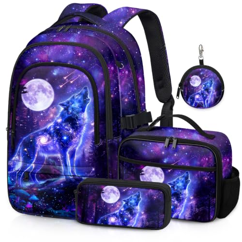 Labfen Wolf Backpack for Boys Kids Wolf Backpack with Lunch Box Pencil Case and Coin Purse Elementary School Bookbag for Kids Teens Boys