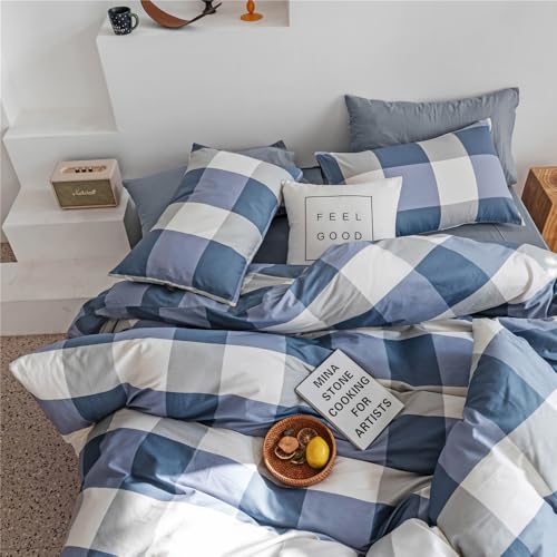 Image of Queen Comforter Set Modern Style Checkered Pattern Comforter Set Boho Farmhouse Blue White Grey Geometric Plaid Comforter with 2 Pillowcases Soft Fluffy 3 Pieces Lightweight Bedding for All Seasons