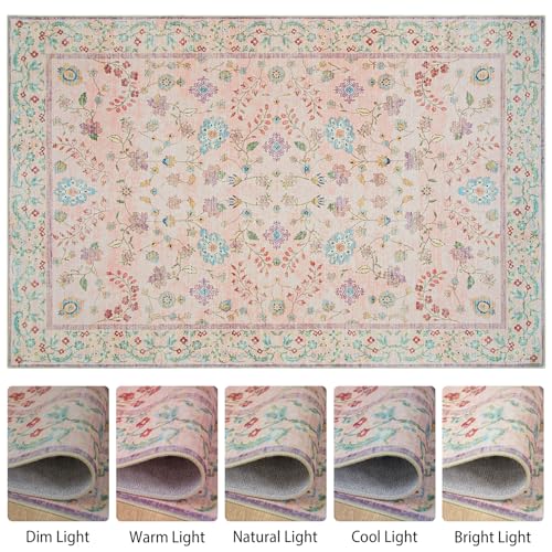Tapete Floral Boho Lavable 5'x7' Rosa Pálido miniatura 6