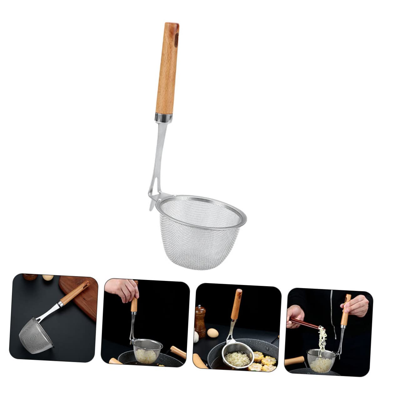 Colador de Fideos con Mango de Madera Colador Multiusos de Acero Inoxidable Resistente y Ligero para Cocina Filtro de Alimentos Seguro y Práctico para Pasta y Verduras
