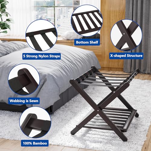 Smuxee Fully Assembled Brown Luggage Racks Pack of 2, Upgraded Bamboo Foldable Suitcase Stand with 5 Nylon Straps, Luggage Holder with Shelf for Guest Room Bedroom Hotel