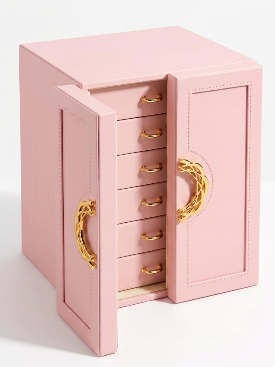 Schmuckkasten für Damen, 5 Ebenen, Leder, Rosa