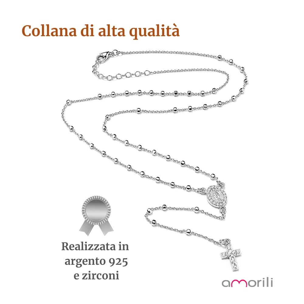 Collana Rosario Donna in Argento 925 con Zirconi – Collana Religiosa Cattolica Cristiana di Fede – Gioiello Elegante Idea Regalo cll1384b