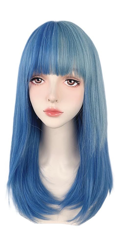 Lolita Blue Wig for Women Medium Straight Hair with Bangs Japanese Y2k Full Head Daily Synthetic Wig
