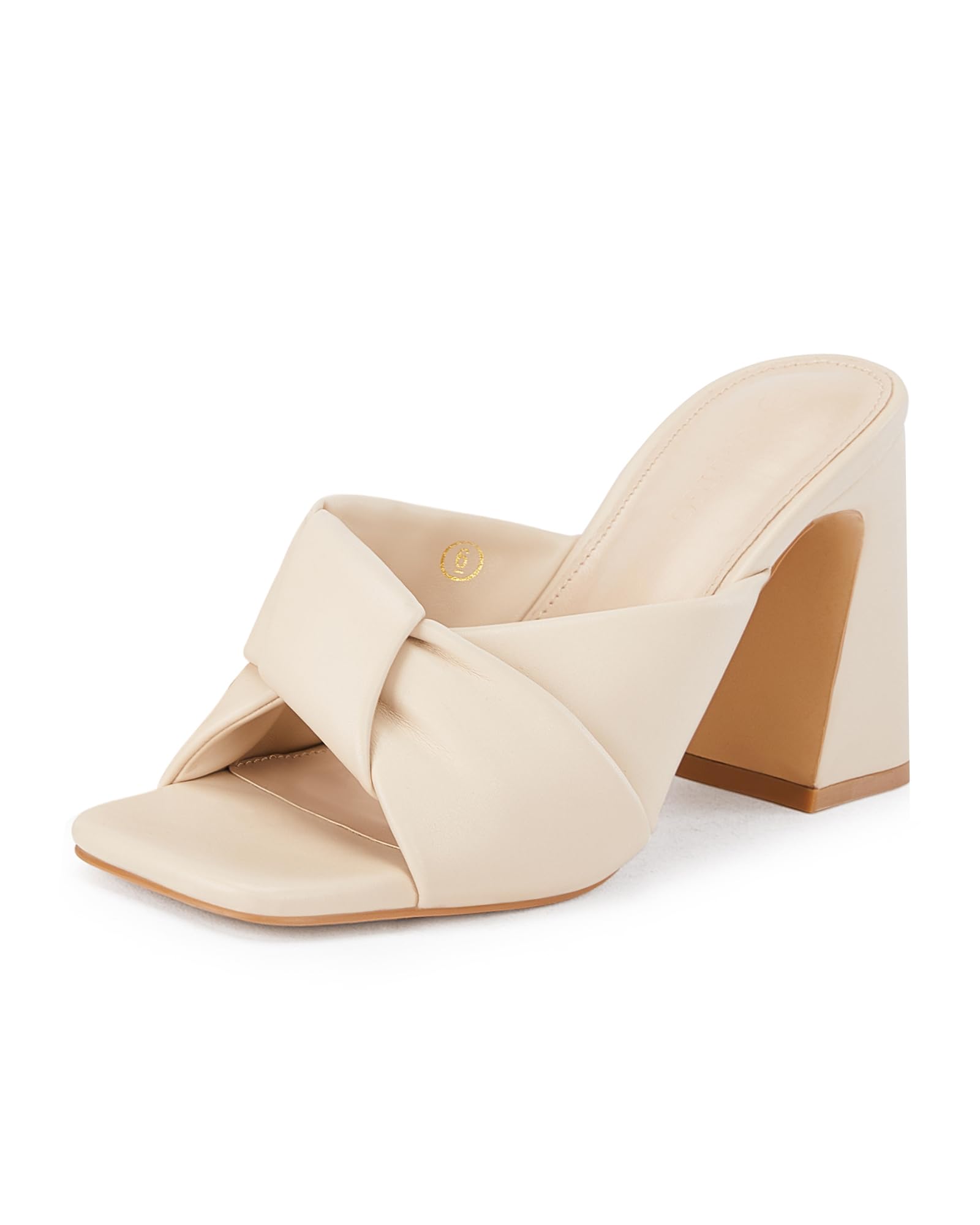 Coutgo Womens Chunky Heeled Mules Puffy Knot Square Open Toe Slip On Sandals Summer Evening Party Prom Shoes