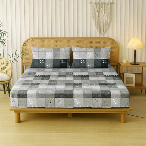 Image of Designer Floral Printed Flat Bedsheet for Double Bed 200tc to 220tc | Ultra Soft Cotton Fabric | King /Queen Size Top Sheet with 2 Matching Pillow Covers - 228 x 228 Cm, Green Gray