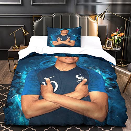 Voeecyttu Bettwäsche-Set Kylian Mbappé Bettbezug Fußballweltmeisterschaft Weicher Mikrofaser-Bettbezug 3D-Druck für Kinder Teenager Erwachsene 1 Bettbezug, 1 Kissen-Set Cover
