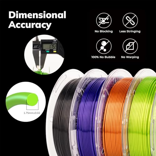 Image of AMOLEN PLA 3D Printer Filament Silk PLA Filament 1.75mm Silk Filament Pack Black /Red Copper /Purple /Neon Green 3D Printing Filament Bundle for Holiday 3D Printing, 200gX 4 Spools