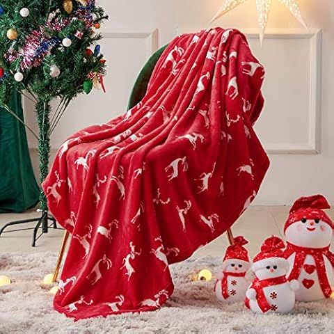 FY FIBER HOUSE Christmas Home Decor Flannel Fleece Throw Blanket for Couch Sofa with Reindeer Print,50"X60", Red Cover
